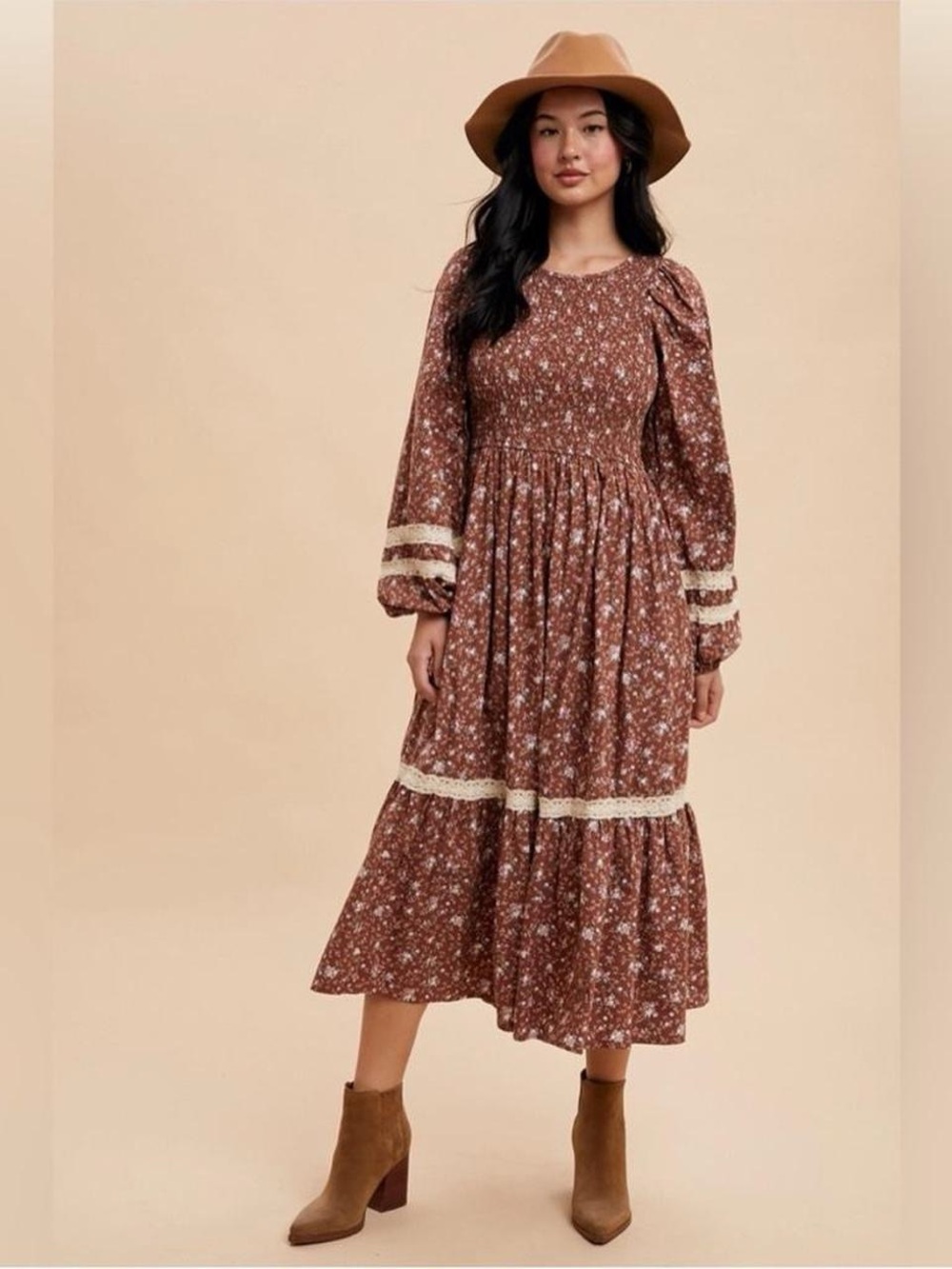 NWT cotton brown floral prairie milkmaid dress women’s large